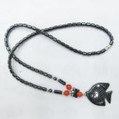 Orange Cat's Eye Opal Hematite Fish Pendant Healing Necklace